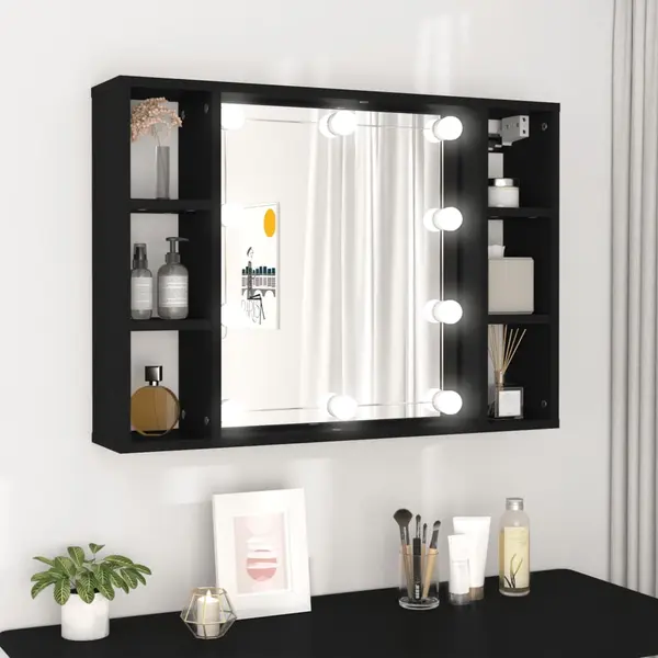 Gossi dulap cu oglinda si led, negru, 76x15x55 cm