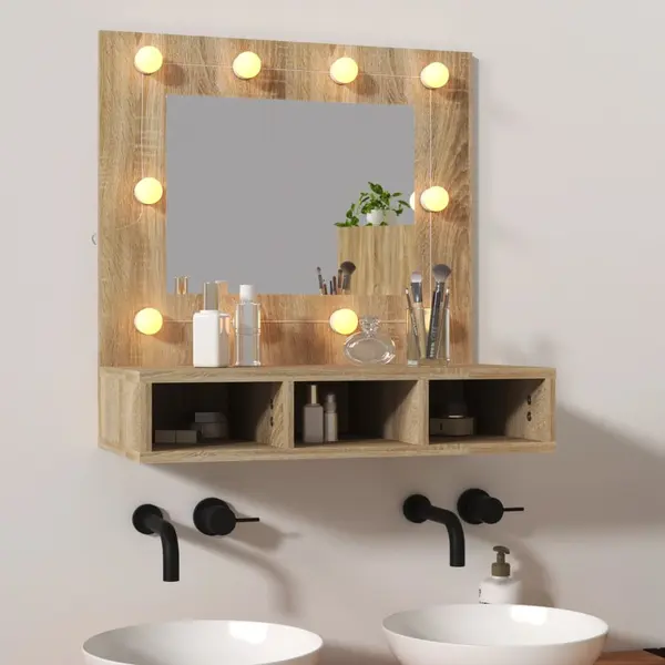 Gossi dulap cu oglinda si led, stejar sonoma, 60x31,5x62 cm
