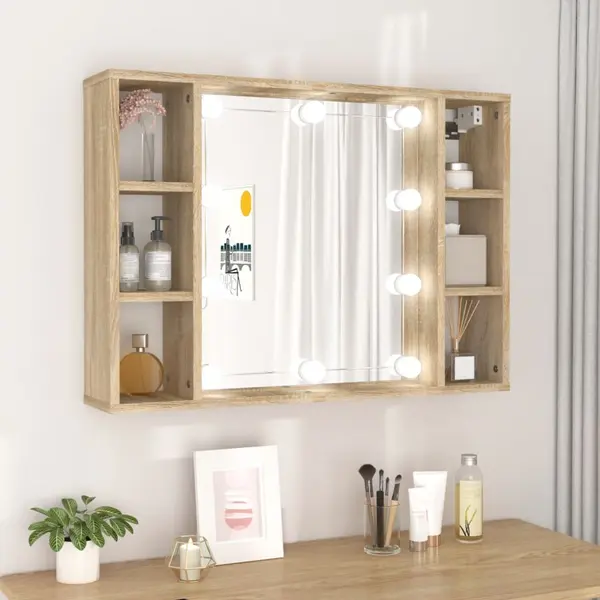 Gossi dulap cu oglinda si led, stejar sonoma, 76x15x55 cm