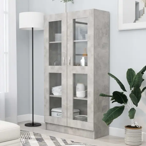 Gossi dulap cu vitrina, gri beton, 82,5x30,5x150 cm, lemn prelucrat