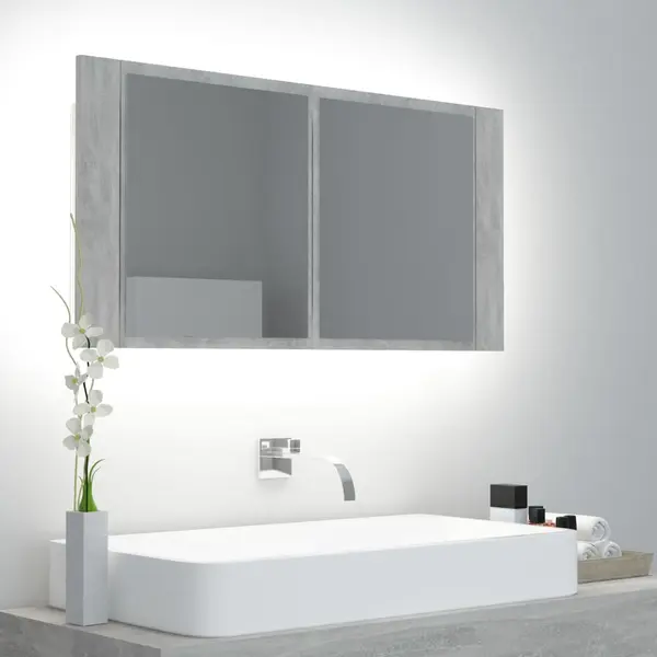 Gossi dulap de baie cu oglinda & led, gri beton, 90x12x45 cm acril