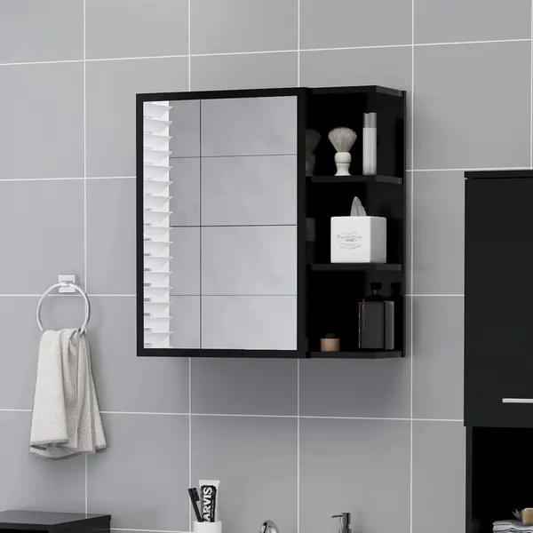 Gossi dulap de baie cu oglinda, negru, 62,5x20,5x64cm, lemn prelucrat