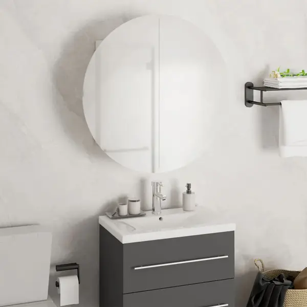 Gossi dulap de baie cu oglinda rotunda si led, alb, 47x47x17,5 cm