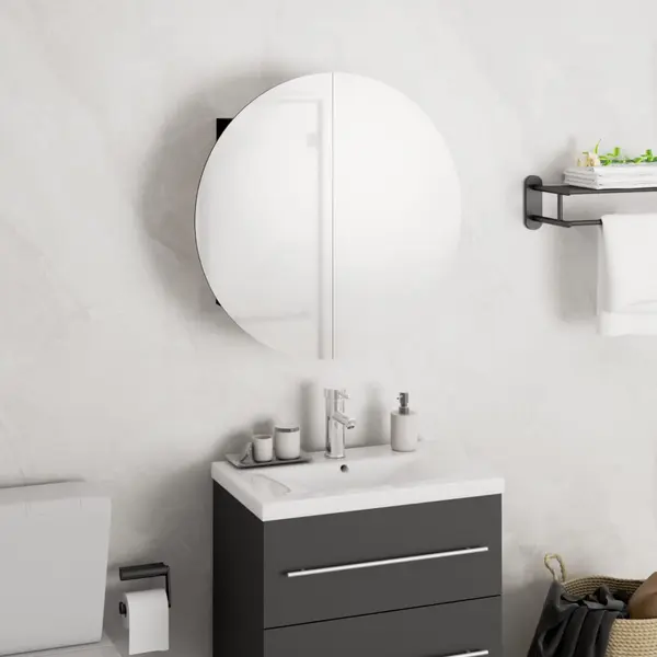 Gossi dulap de baie cu oglinda rotunda si led, negru, 40x40x17,5 cm