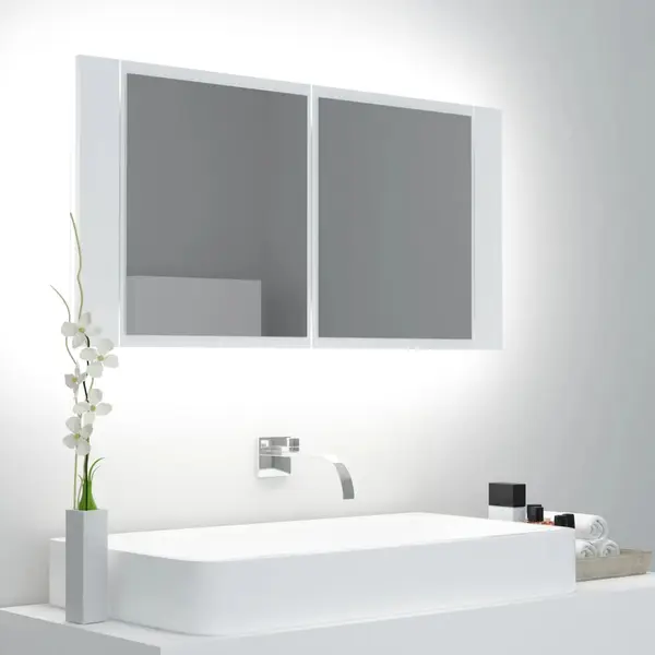 Gossi dulap de baie cu oglinda si led, alb, 90x12x45 cm acril