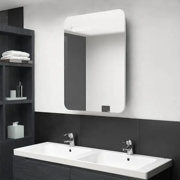 Gossi dulap de baie cu oglinda si led, alb si stejar, 60x11x80 cm