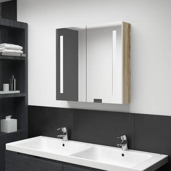 Gossi dulap de baie cu oglinda si led, alb si stejar, 62x14x60 cm