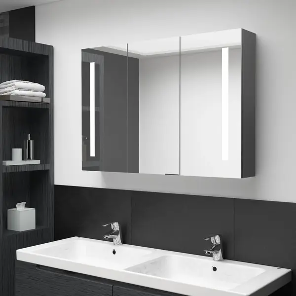 Gossi dulap de baie cu oglinda si led, gri, 89x14x62 cm