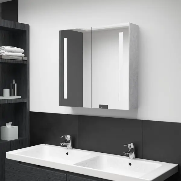 Gossi dulap de baie cu oglinda si led, gri beton, 62x14x60 cm