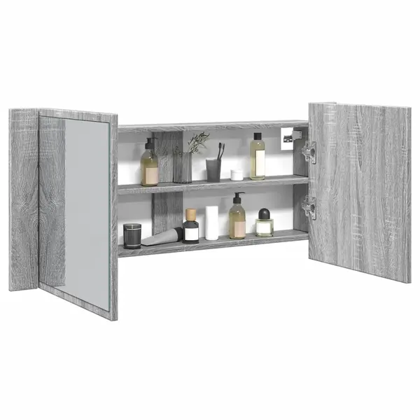 Gossi dulap de baie cu oglinda si led, gri sonoma, 100x12x45 cm