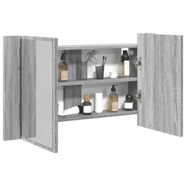 Gossi dulap de baie cu oglinda si led, gri sonoma, 80x12x45 cm, acril
