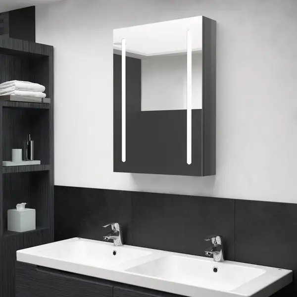 Gossi dulap de baie cu oglinda si led, gri stralucitor, 50x13x70 cm