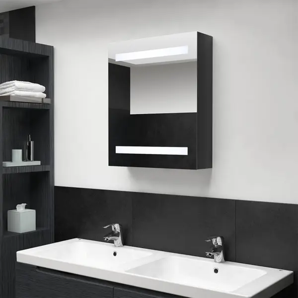 Gossi dulap de baie cu oglinda si led, negru stralucitor, 50x14x60 cm