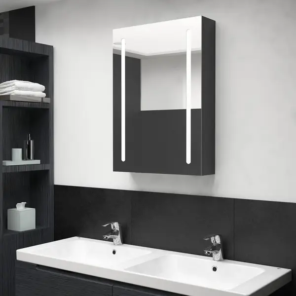 Gossi dulap de baie cu oglinda si led, negru stralucitor, 50x13x70 cm
