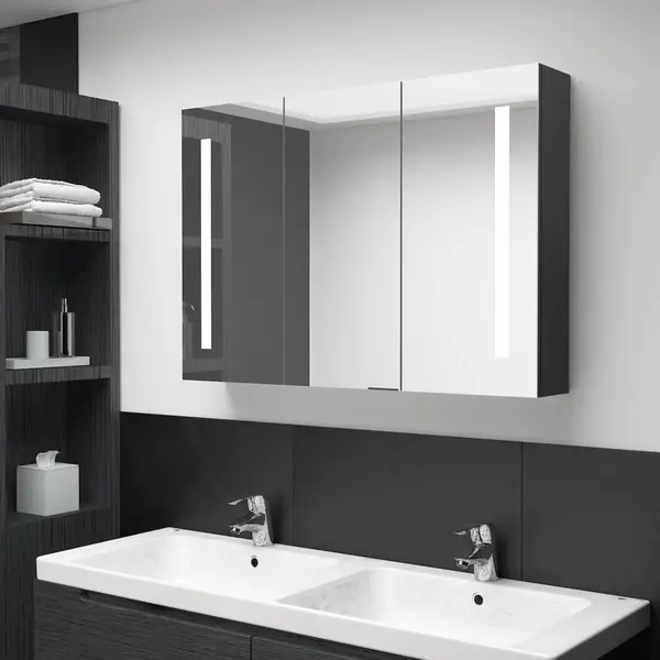Gossi dulap de baie cu oglinda si led, negru stralucitor, 89x14x62 cm