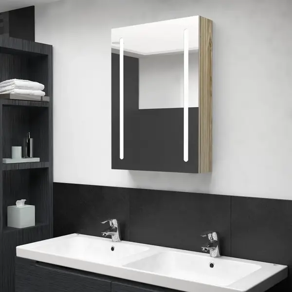 Gossi dulap de baie cu oglinda si led, stejar, 50x13x70 cm