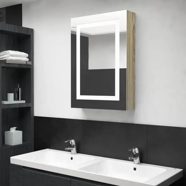 Gossi dulap de baie cu oglinda si led, stejar, 50x13x70 cm