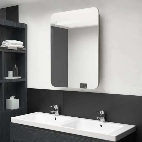 Gossi dulap de baie cu oglinda si led, stejar, 60x11x80 cm