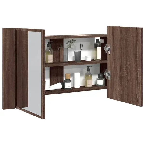 Gossi dulap de baie cu oglinda si led stejar maro, 80x12x45 cm, acril