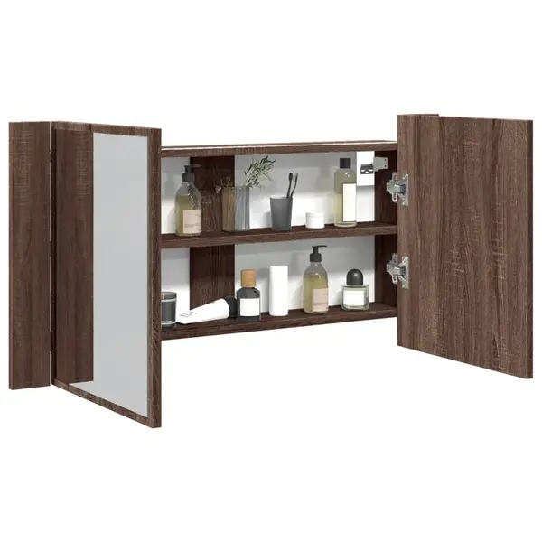 Gossi dulap de baie cu oglinda si led stejar maro, 90x12x45 cm, acril