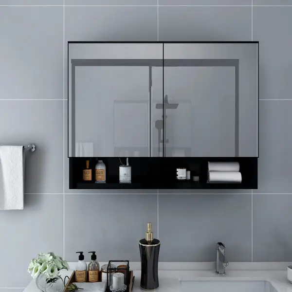 Gossi dulap de baie cu oglinda si led-uri, negru, 80x15x60 cm, mdf
