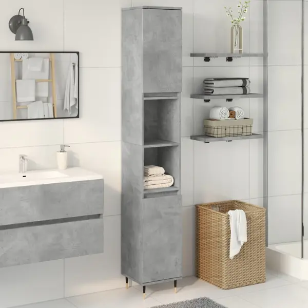 Gossi dulap de baie, gri beton, 30x30x190 cm, lemn prelucrat