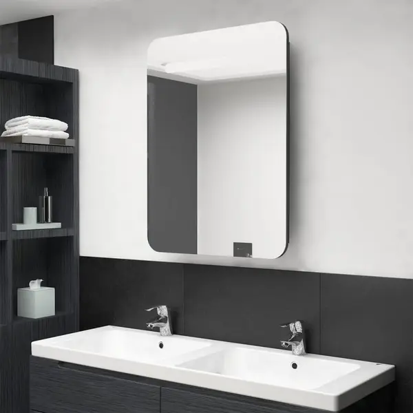 Gossi dulap de baie oglinda si led, negru stralucitor, 60x11x80 cm