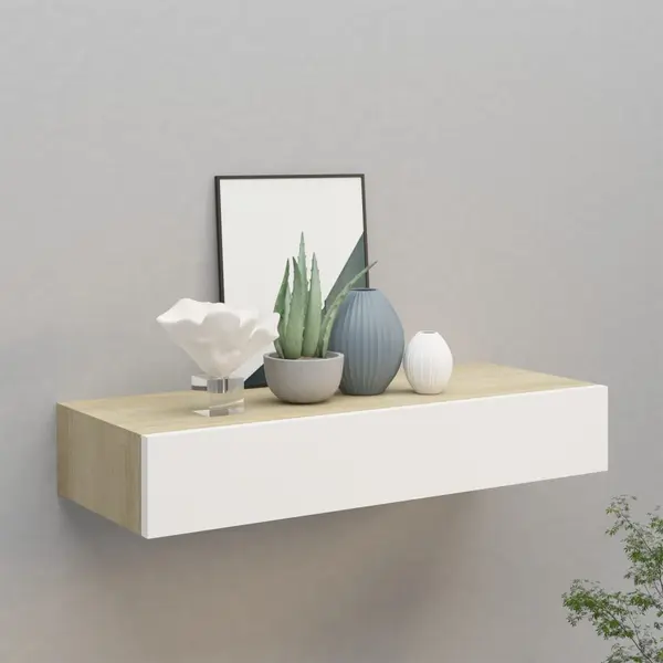 Gossi dulap de perete cu sertar, stejar si alb, 60x23,5x10 cm, mdf