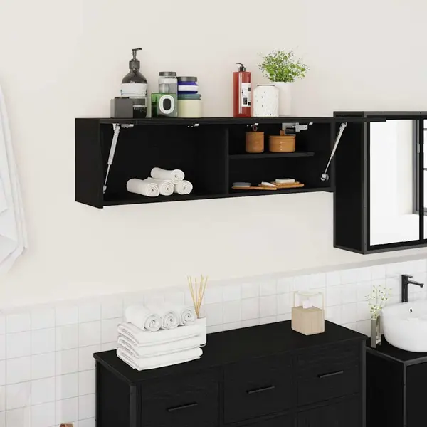 Gossi dulap de perete de baie, negru, 100x25x30 cm, lemn prelucrat