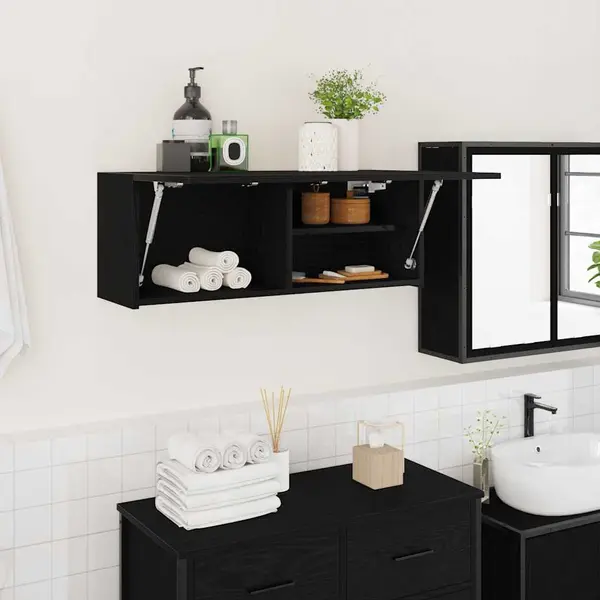Gossi dulap de perete de baie, negru, 80x25x30 cm, lemn prelucrat