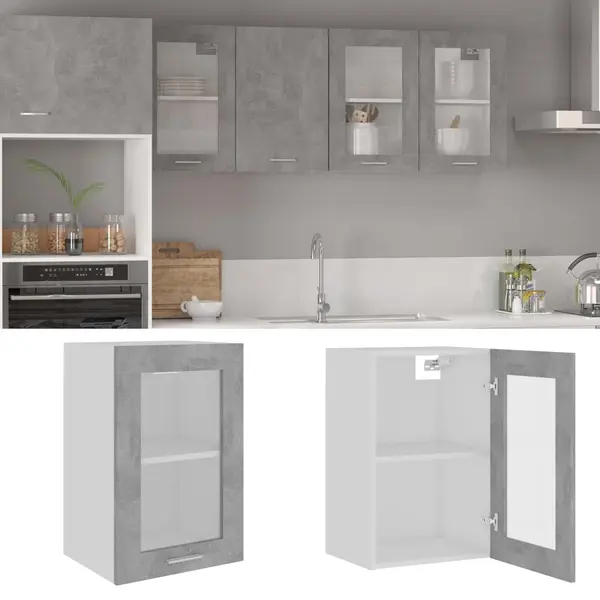 Gossi dulap de sticla suspendat gri beton 40x31x60 cm lemn prelucrat