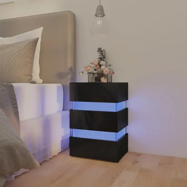 Gossi dulap noptiera cu led negru lucios 45x35x67cm lemn prelucrat