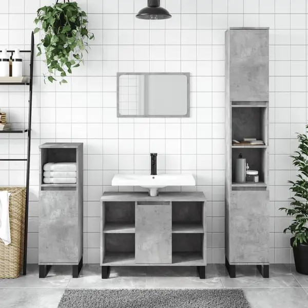Gossi dulap pentru baie, gri beton, 80x33x60 cm, lemn compozit