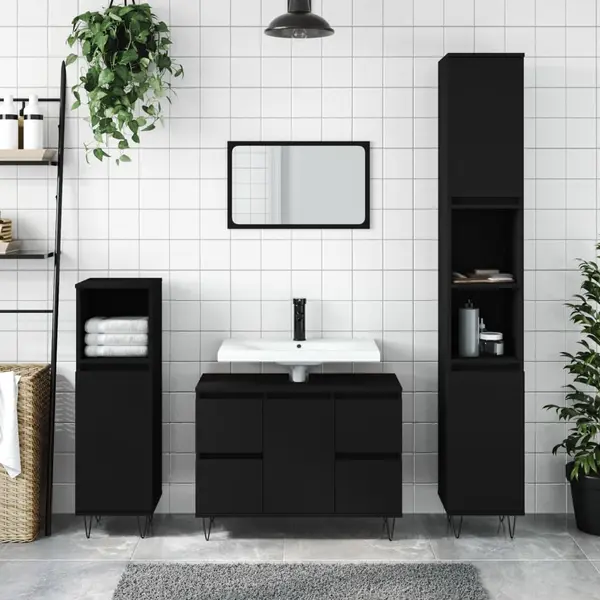 Gossi dulap pentru baie, negru, 80x33x60 cm, lemn compozit
