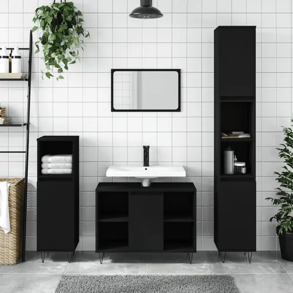 Gossi dulap pentru baie, negru, 80x33x60 cm, lemn compozit