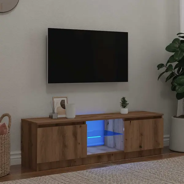 Gossi dulap tv cu led stejar artizanal 120x30x36cm lemn prelucrat