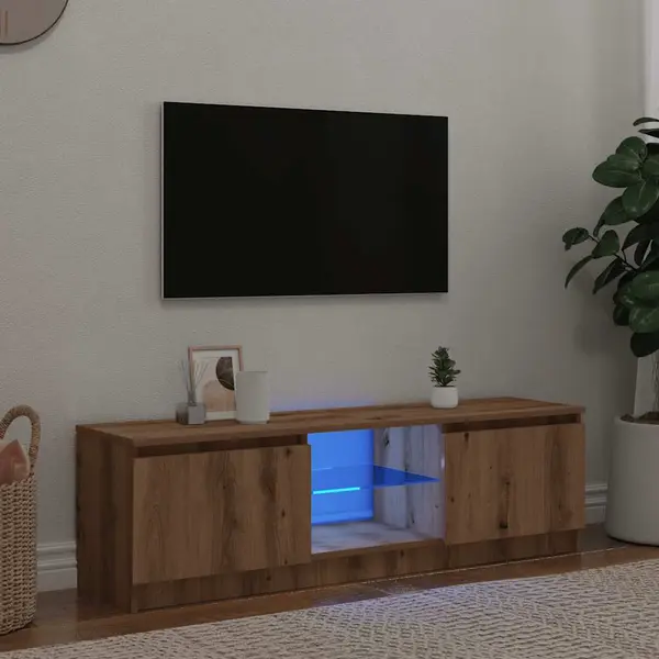 Gossi dulap tv cu led stejar artizanal 140x40x35,5 cm lemn prelucrat