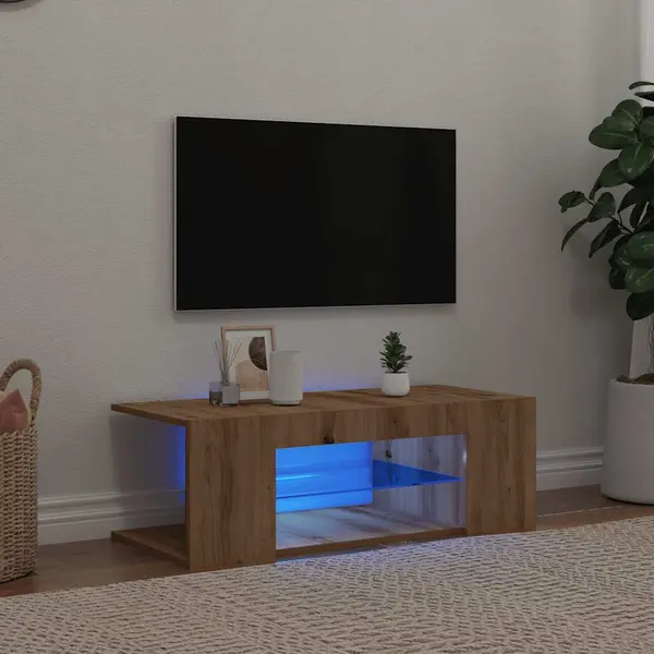 Gossi dulap tv cu led stejar artizanal 90x39x30 cm lemn prelucrat