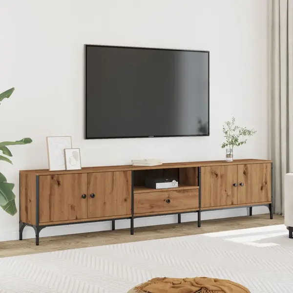 Gossi dulap tv cu sertar stejar artizanal 200x25x44 cm lemn prelucrat