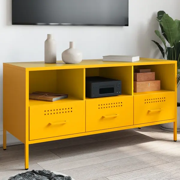 Gossi dulap tv, galben mustar, 100,5x39x50,5 cm, otel laminat la rece