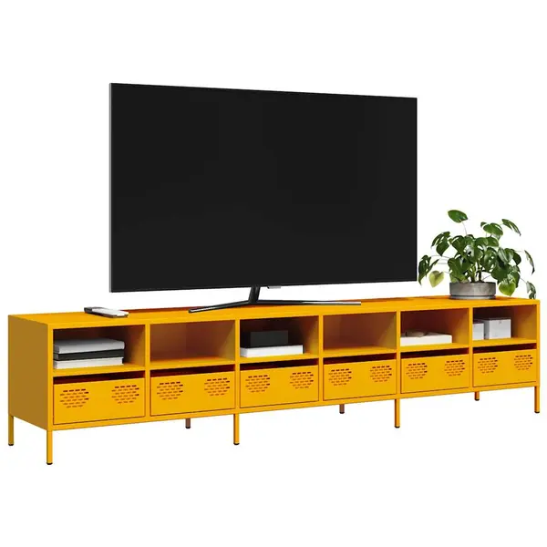 Gossi dulap tv, galben mustar, 202x39x43,5 cm, otel laminat la rece