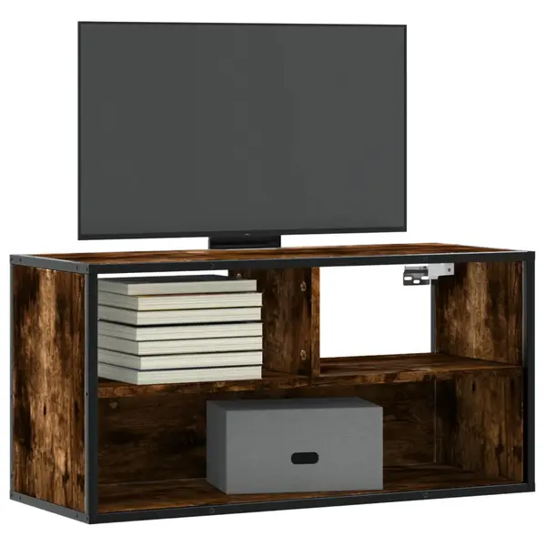 Gossi dulap tv stejar fumuriu, 80x31x39,5 cm, lemn prelucrat si metal