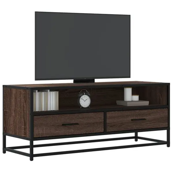 Gossi dulap tv, stejar maro, 100x34,5x40 cm, lemn prelucrat si metal