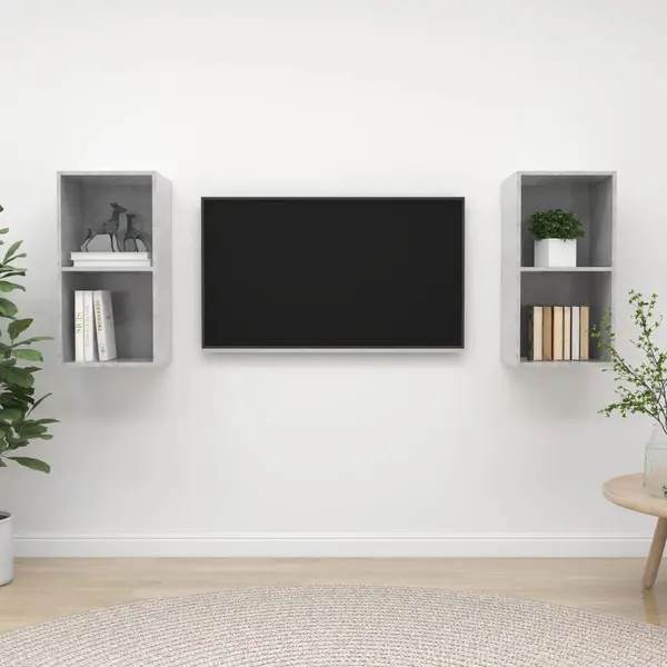 Gossi dulapuri tv suspendate, 2 buc, gri beton, lemn prelucrat