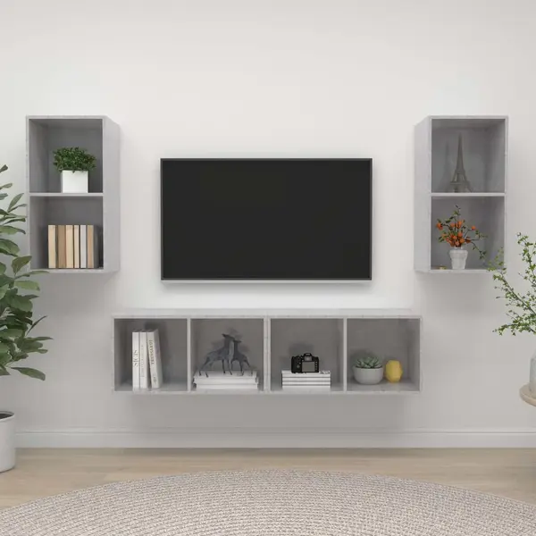 Gossi dulapuri tv suspendate, 4 buc, gri beton, lemn prelucrat