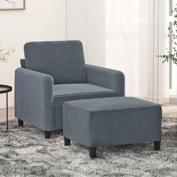 Gossi fotoliu canapea cu taburet, gri inchis, 60 cm, catifea