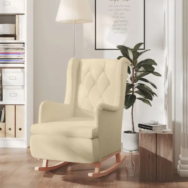 Gossi fotoliu cu picioare balansoar din lemn de hevea, crem, textil
