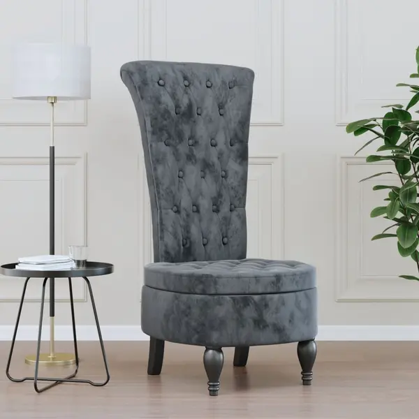 Gossi fotoliu cu spatar inalt, gri inchis, catifea, design cu nasturi
