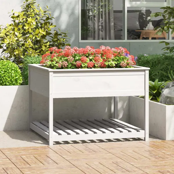 Gossi jardiniera cu raft, alb, 111,5x111,5x81 cm, lemn masiv de pin