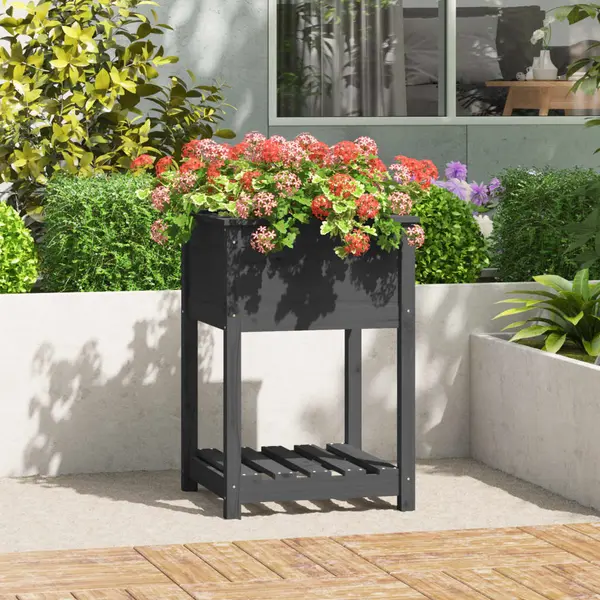 Gossi jardiniera cu raft, gri, 54x54x81 cm, lemn masiv de pin